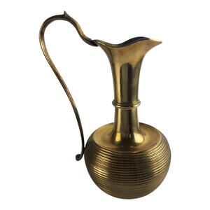 Gold Brass Vase Jug / Pitcher Ribbed Curved Handle "10 Tall"